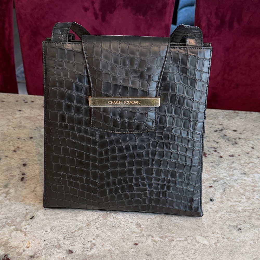 Charles Jourdan Black Crocodile-Pattern Shoulder Bag